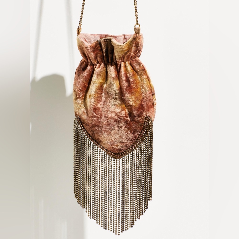 Free People Brown and Gold Crossbody Bag with Metallic Fringe